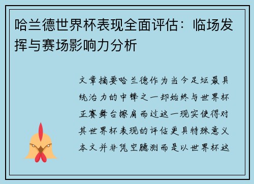 哈兰德世界杯表现全面评估:临场发挥与赛场影响力分析